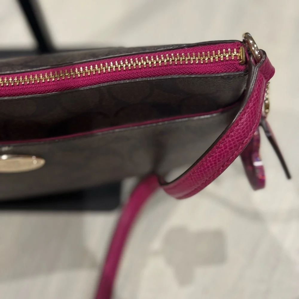 Coach Brown Signature Crossbody with Pink Trim and Strap